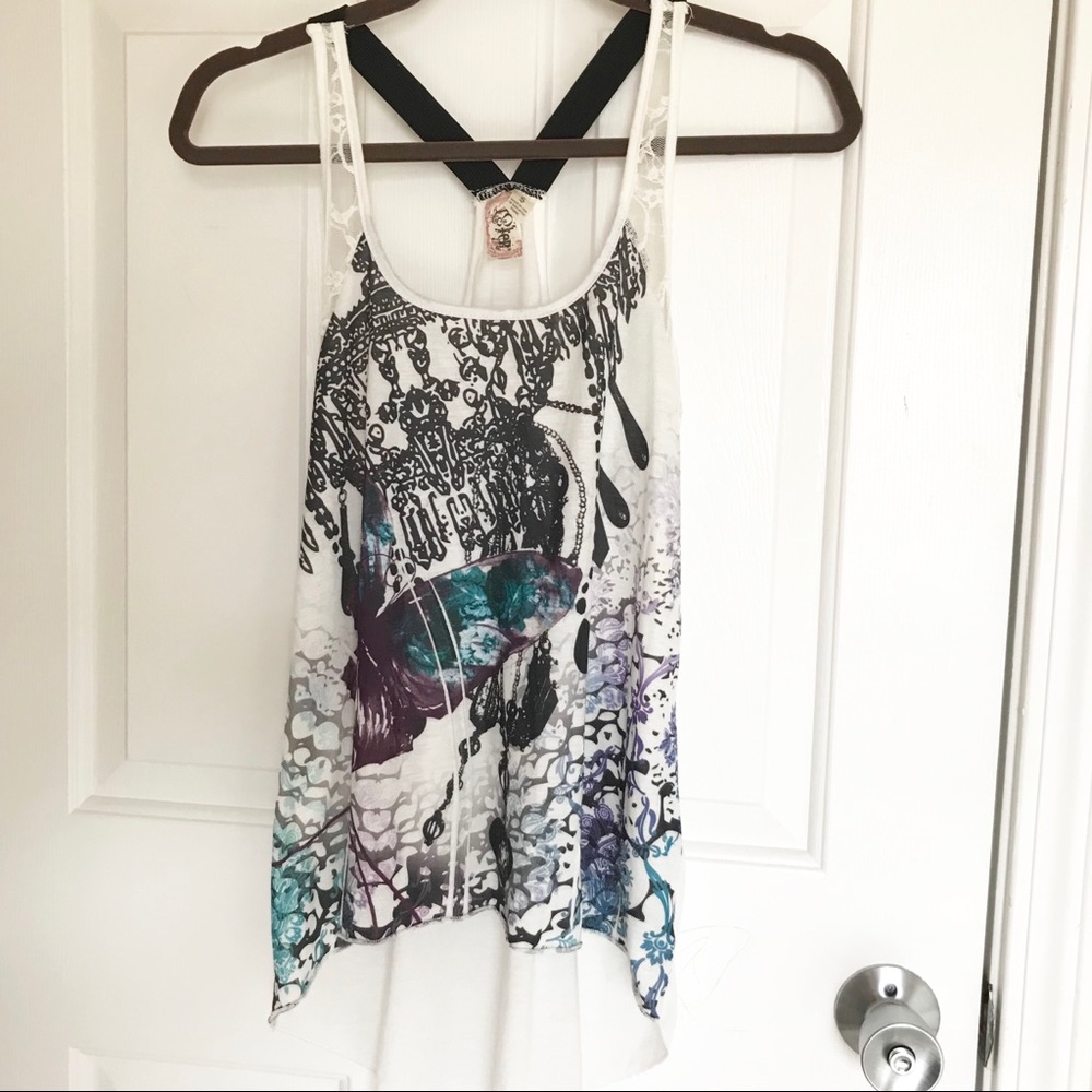 ⭐️High-low purple, teal, and black print razor back tank with lace sides